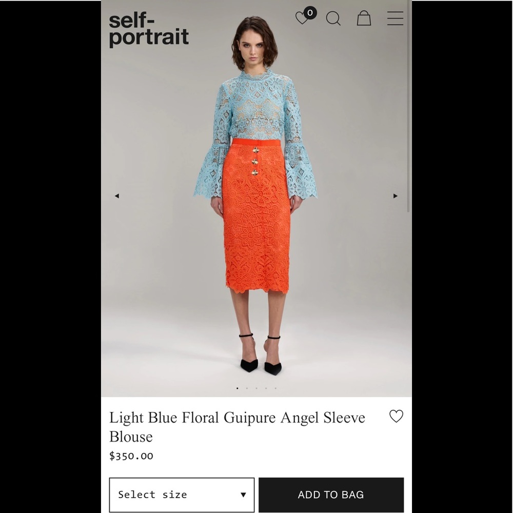 2022 Self-Portrait Light Blue Floral Guipure Angel Sleeve Blouse